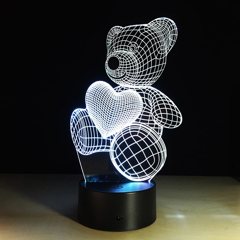 Cartoon Cute Heart Bear Hold Shape Acrylic LED Lamp 3D Night Light For baby children Sleeping Lighting | Лампы и освещение