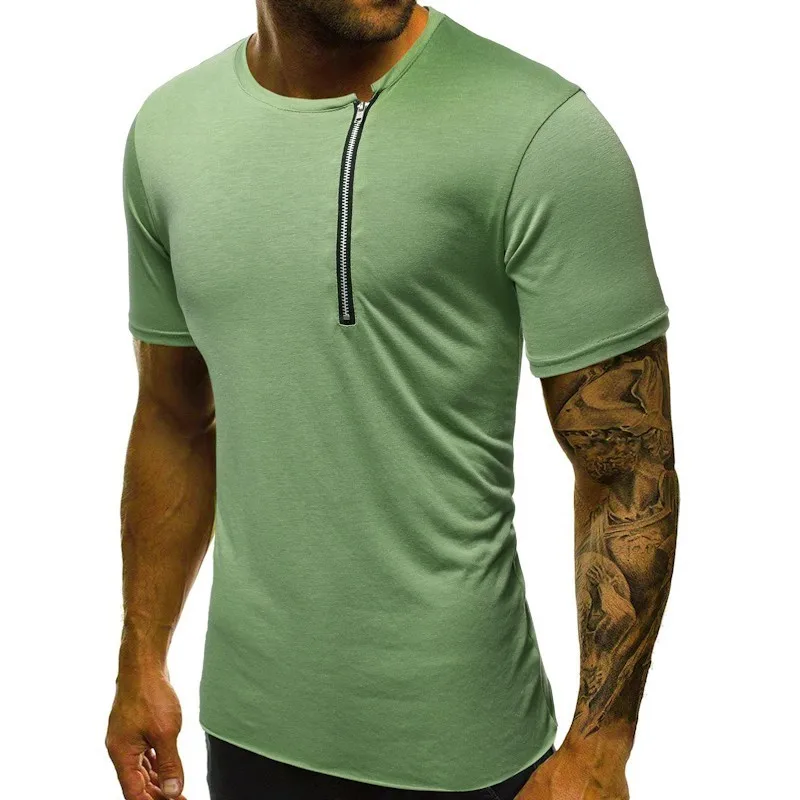 

2019 New Men's High Street Zipper T shirts Male Summer Short Sleeve t shirt tops Men Solid Color Slim Fit tshirt