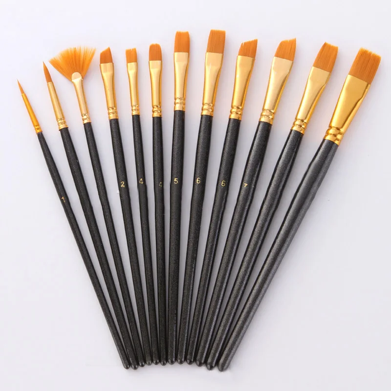 12Pcs/Lot Nylon Different Head Watercolor Paint Brushes Blue Black Handle Gouache Painting Artistic Set Art Supplies  Канцтовары