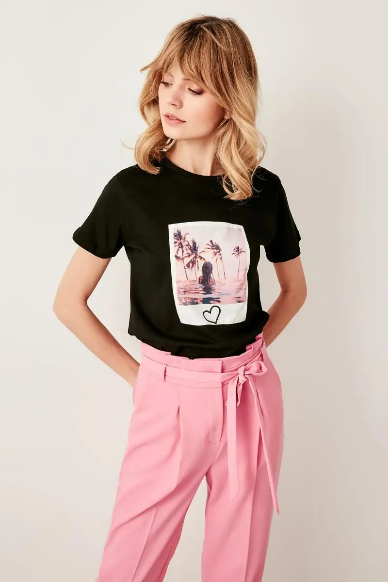 Trendyol черные трикотажные футболки с принтом Polaroid TWOSS19AD0011 | Женская одежда