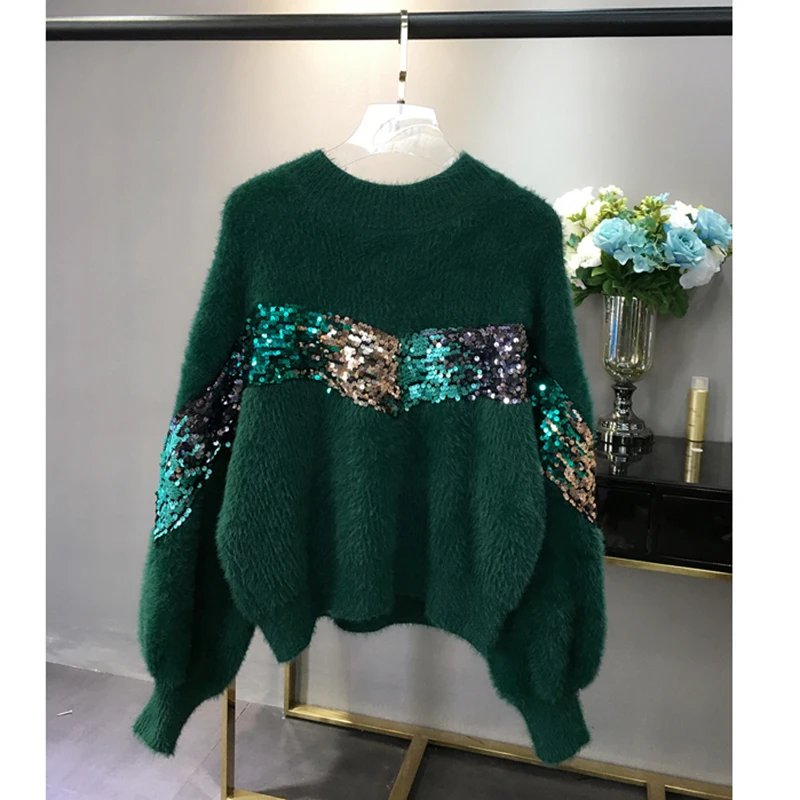 Overseized Mohair Sweater Women 2018 Autumn Winter Warm Rabbit Hair Glitter Patchwork Batman Sleeve Thick Loose Pullover | Женская