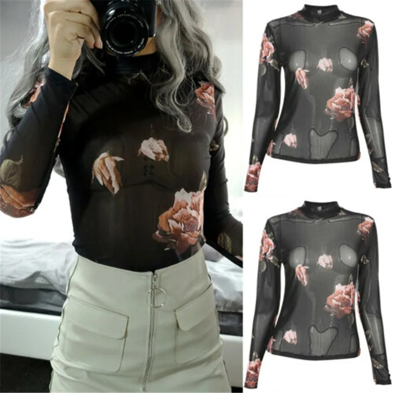 

Retro Women Elegant Long Sleeve Floral Print Shirt Tops Sexy See-through high neck Slim Blouse Shirt Summer casual shirt