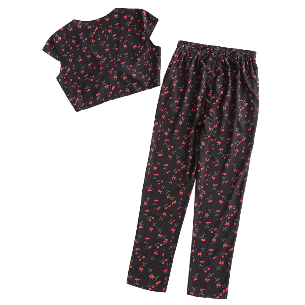 ZAFUL NEW Cherry Crop Top And Pants Two Piece Set Spring Hot Print Short Sleeve Women Sets Fashion Casual Boho Ladies Clothes | Женская