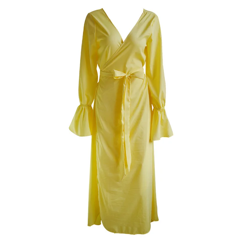 Женское однотонное платье с v-образным вырезом и длинным рукавом богемное