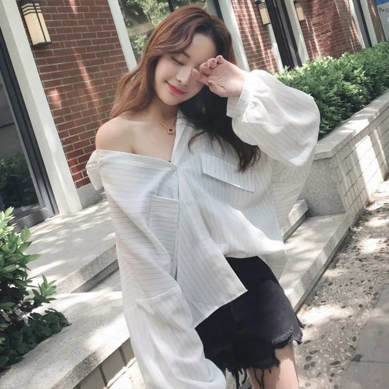 Женская рубашка LANMREM свободная в полоску с отворотом и рукавами летучая мышь