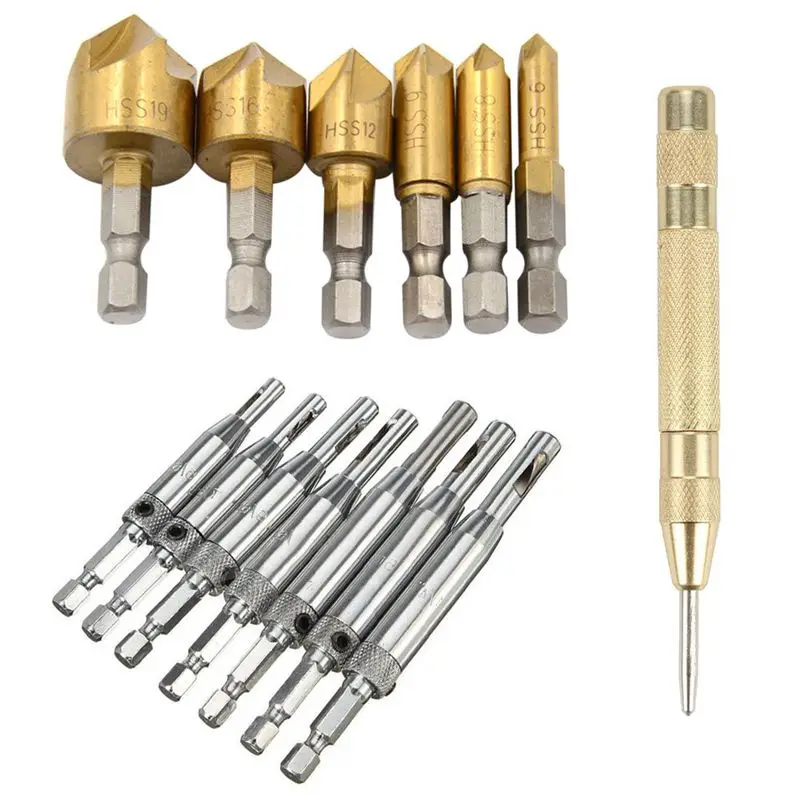 Drill Bit Set For Wood Quick Change And Automatic Spring Loaded Center Punch Door Self-Centering Hinge Core Tapper Dri | Инструменты