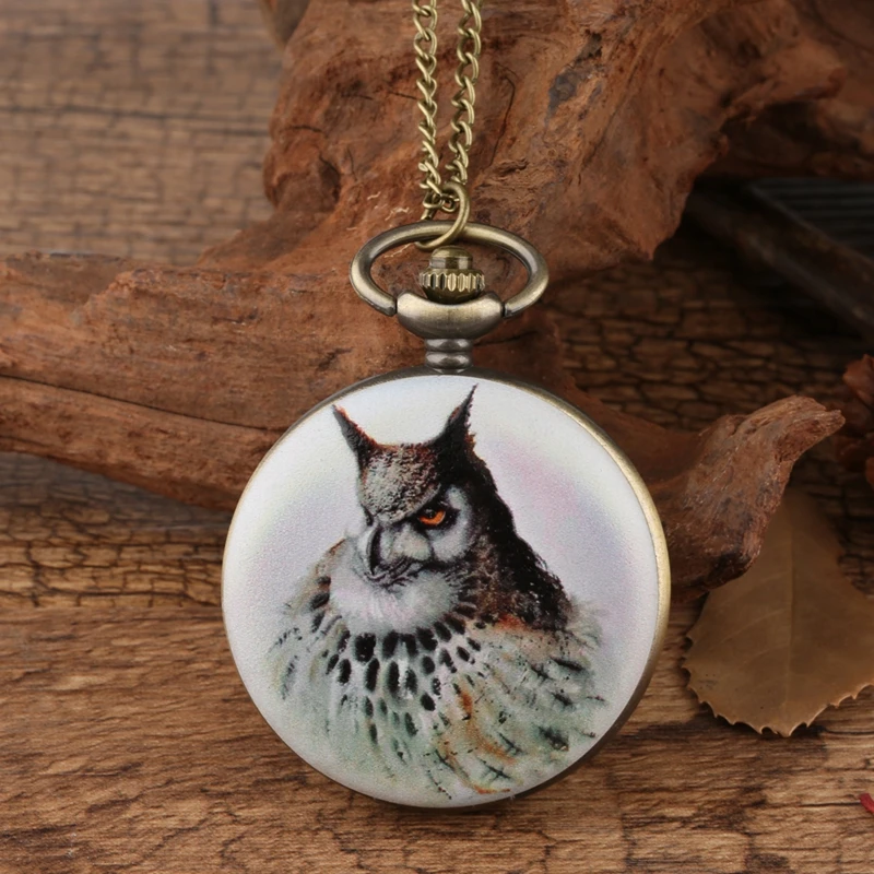 

3D Owl Printing Quartz Pocket Watches Analog White FOB Watch Men Hour Clock Necklace Pendant Chain Souvenir Gifts for Men Women