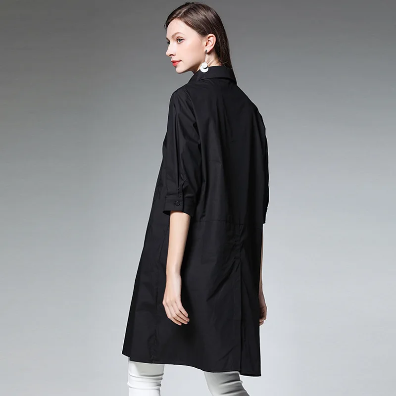 

White Black Red Color Plus Size Shirt Spring Half Sleeve Loose Casual Shirt Women Mid Long Style European Cotton Blouse Shirts