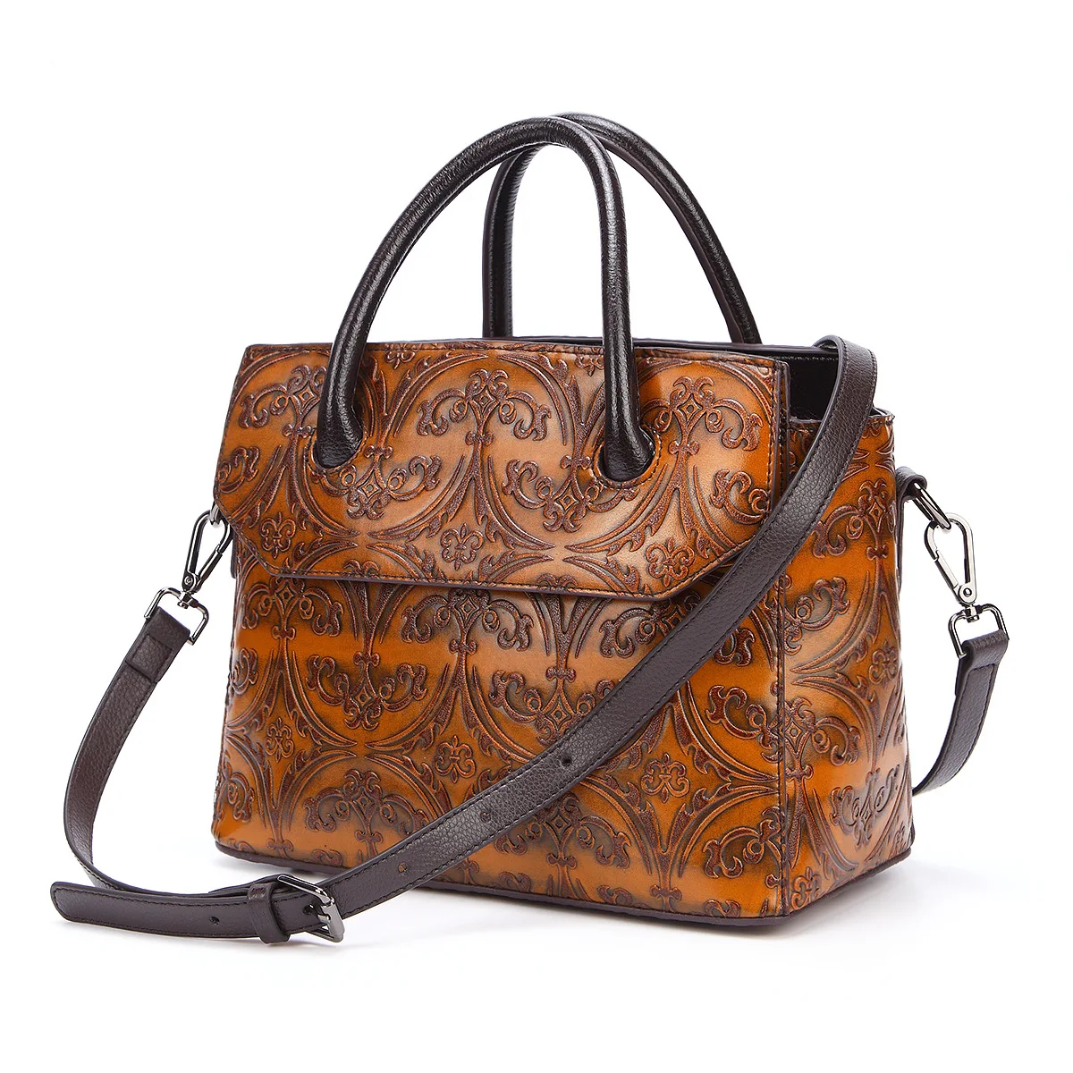 

Real Cowhide Women Top Handle Messenger Cross Body Bags Embossed Retro Genuine Leather Tote Shoulder Bag Handbag