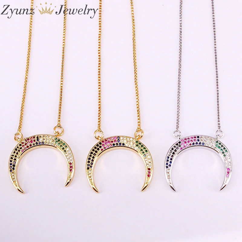 10PCS ZYZ334-7644 double horn rainbow cz pendant women gift crescent moon necklace | Украшения и аксессуары