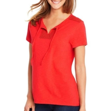 Hanes 617914358242 Womens Tie Front Henley with Crochet Trim - Red Spark Small |