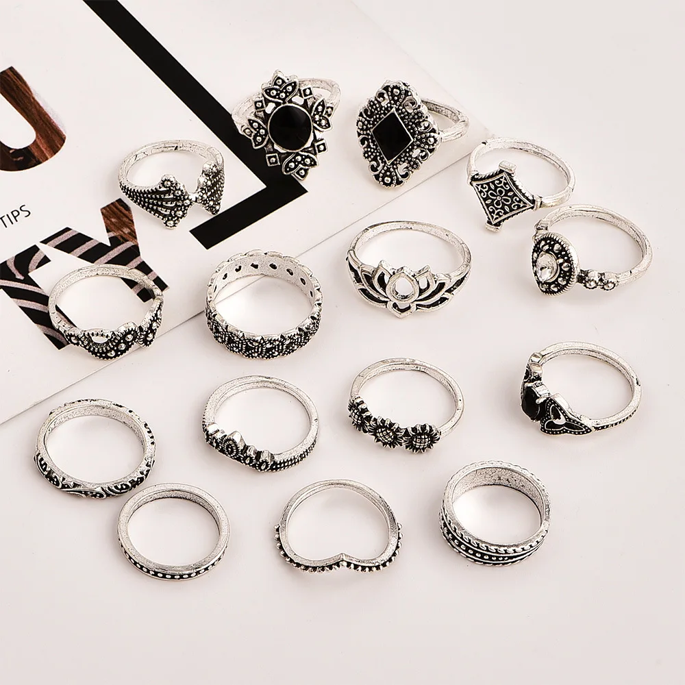 15-piece Set Bohemia Retro Ancient Anemone Lotus Woman New Style Creativity Ring | Украшения и аксессуары