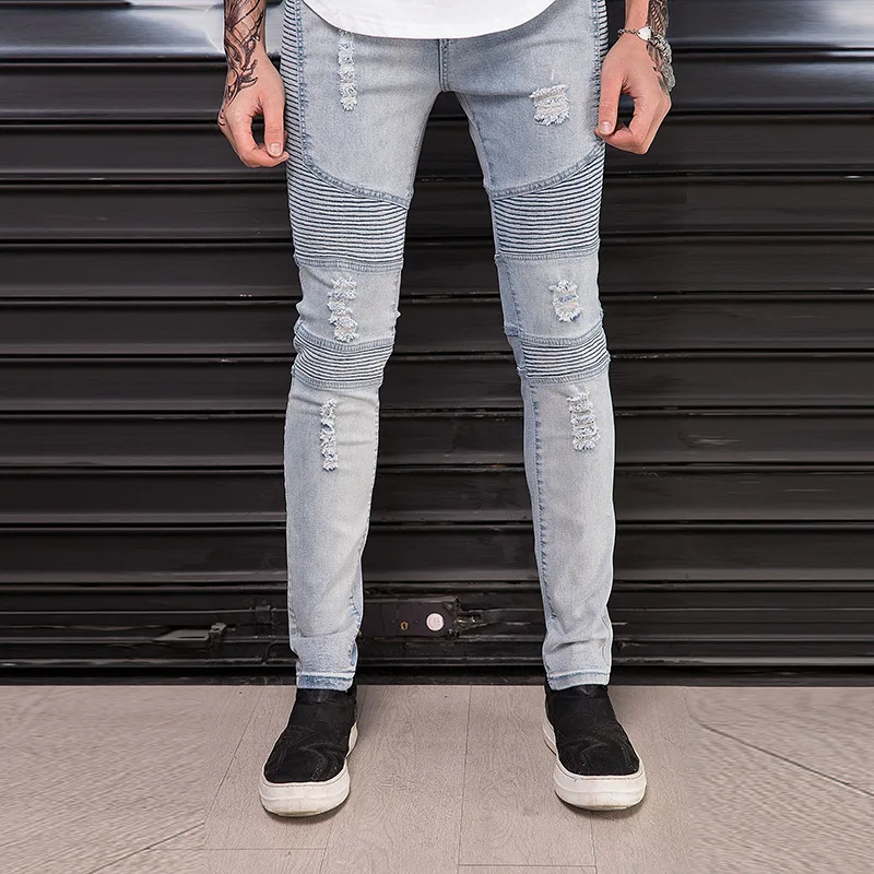 Skinny Jeans Men Vintage Denim Casual Stretch 2019 Spring Pleated Patchwork Hole Ripped Male Zipper Pencil Pants | Мужская одежда