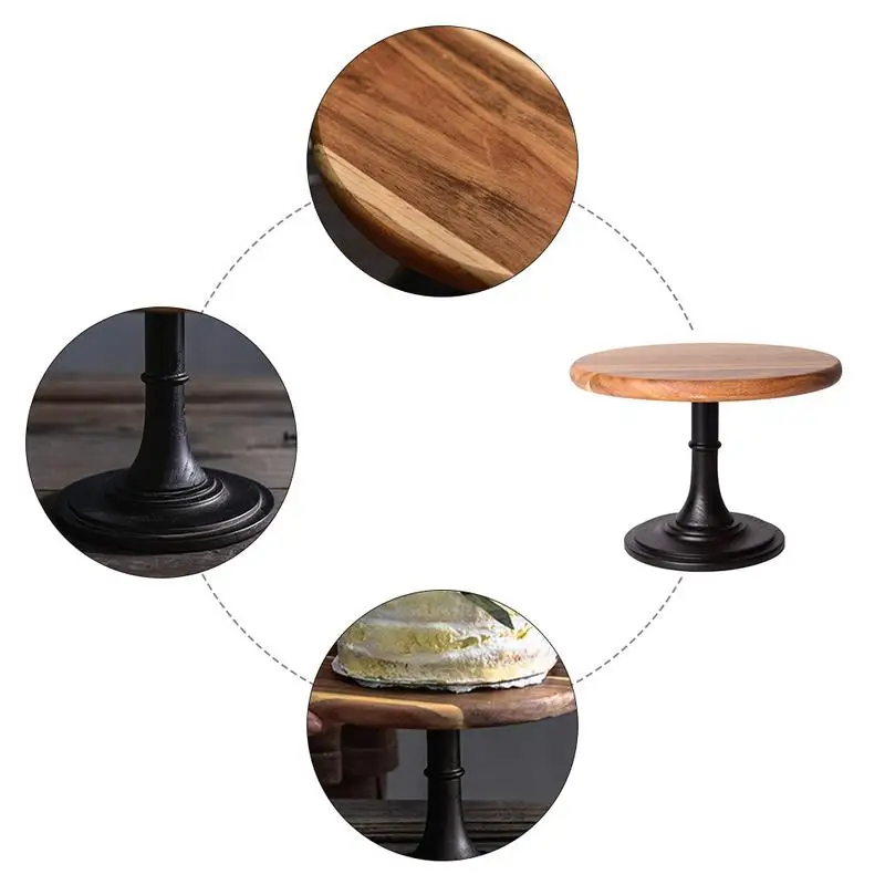 

Cake Display Stand Mori Acacia Solid Wooden Hand Polished Baking High Black Metal Leg Tray for Hotel Wedding Dessert Table Cup