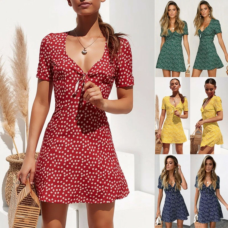 Women Summer Casual Short Sleeve Polka Dot Bow V Neck Evening Party Beach Dress Mini | Женская одежда