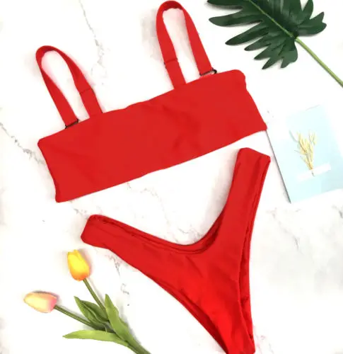 

Women Bikini Set Solid color Beachwear Padded Push-Up Bra Swimsuit Bandage Swimwear High Waist Beachwear bandeau Bathing Suit