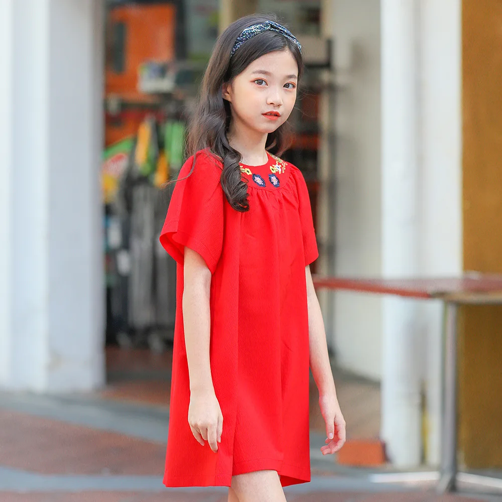 yellow loose dress simple embroidered floral short-sleeve dresses age for 4-14 yrs teenage girls summer clothes big frocks | Детская