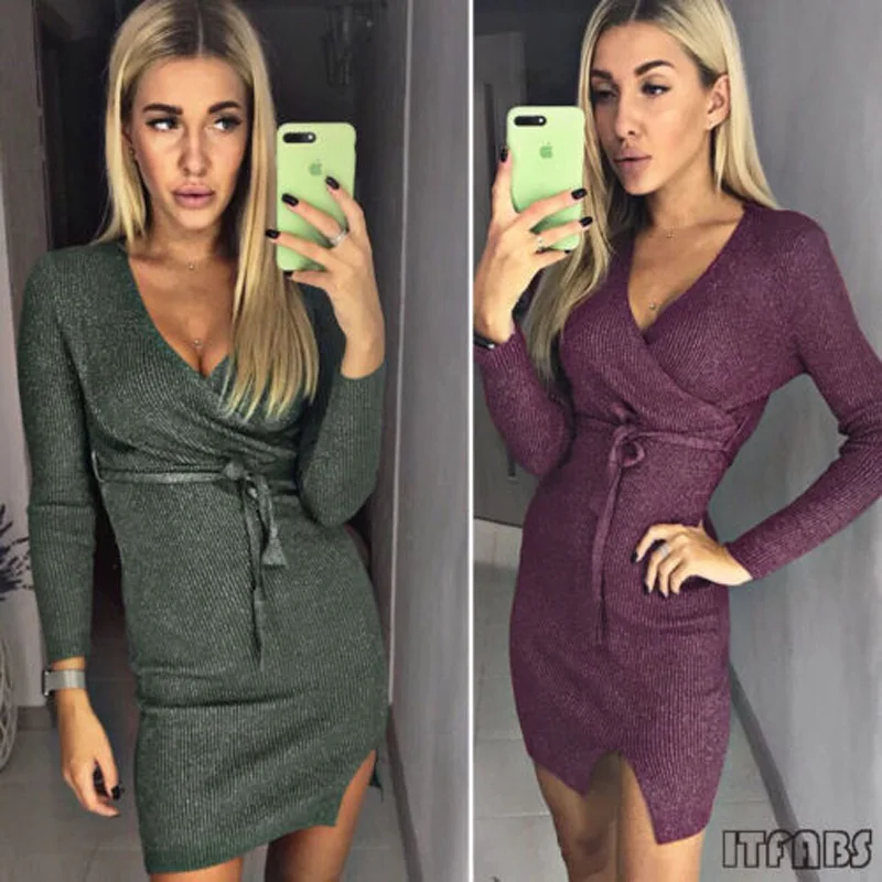 2018 Новое модное женское осенне-зимнее платье с длинным рукавом приталенное