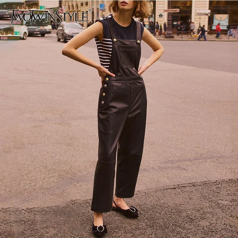TWOTWINSTYLE из искусственной кожи комбинезоны для женщин Высокая талия черные