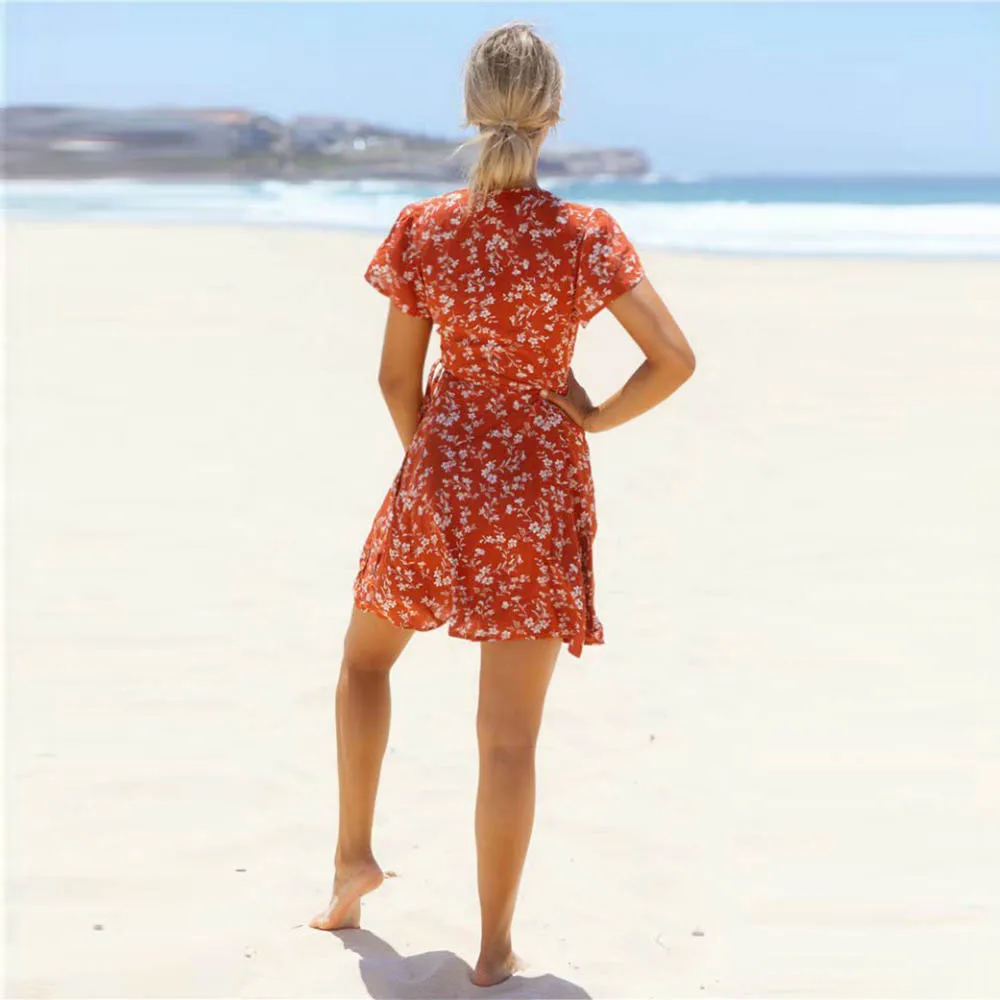 ZAFUL Летнее Платье Женщинские V образным Вырезом с Цветочным Принтом Wrap Dress A силует