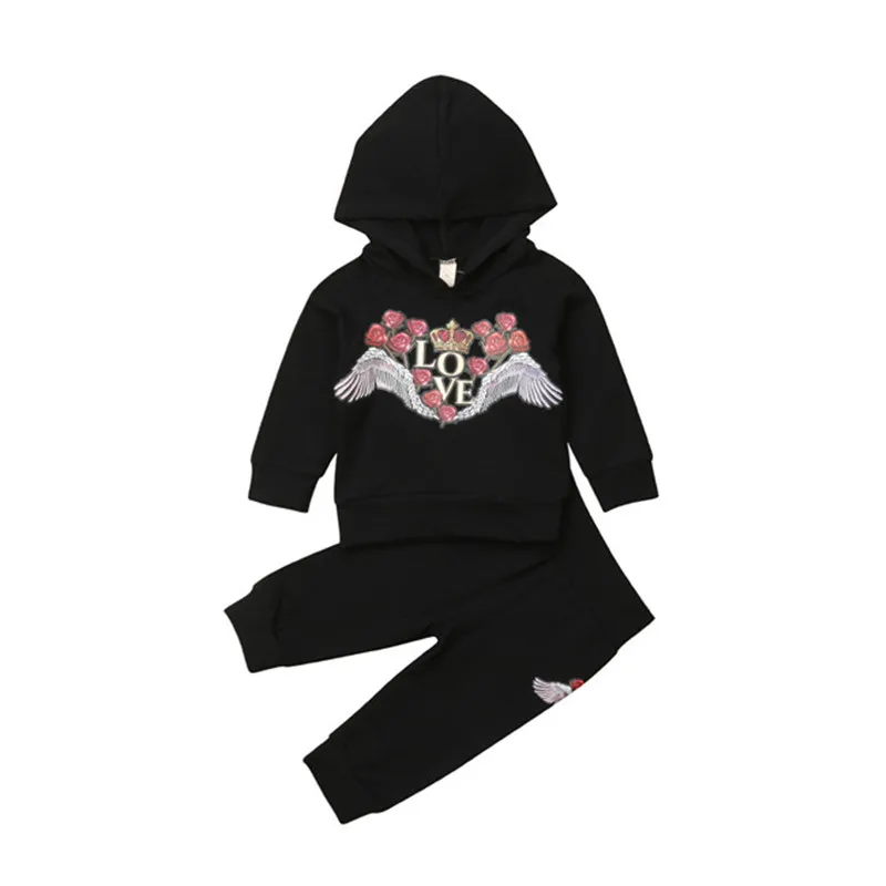 LOVE Autumn Long Sleeve Black Hooded Tops Pants Boy Clothing Cotton Cute Outfits 2PCs Toddler Newborn Baby Boys Clothes Set |