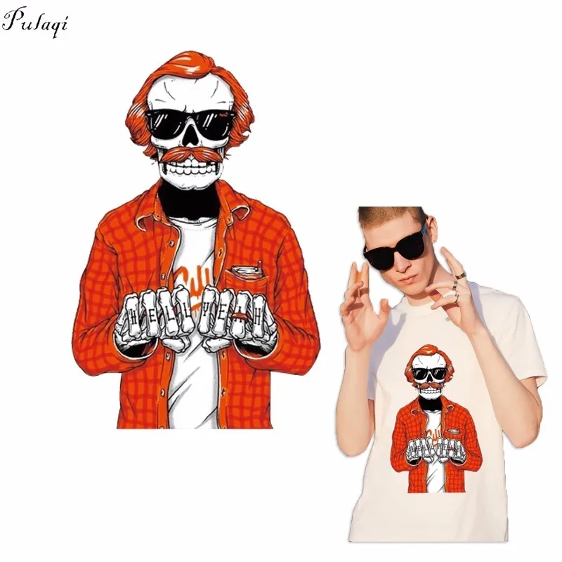 Pulaqi Mr.Skull Cool Man Iron On Transfer Vinyl Patches Punk Big Size Glasses Heat Thermal Transfer For Men Clothes DIY F
