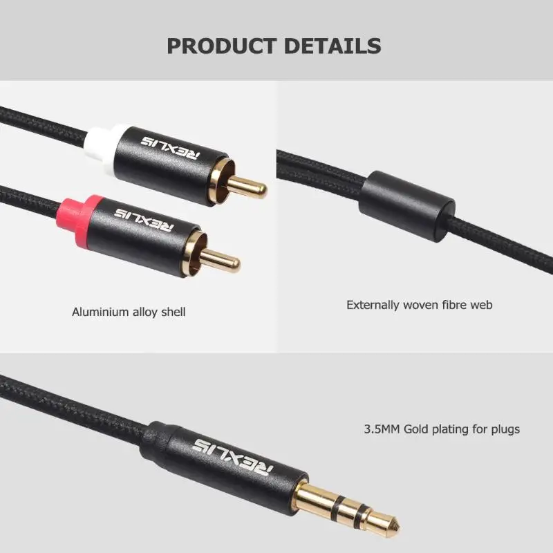 Аудиокабель REXUS RCA со штекером 3 5 мм на 2 Aux хлопковый плетеный провод шнур для