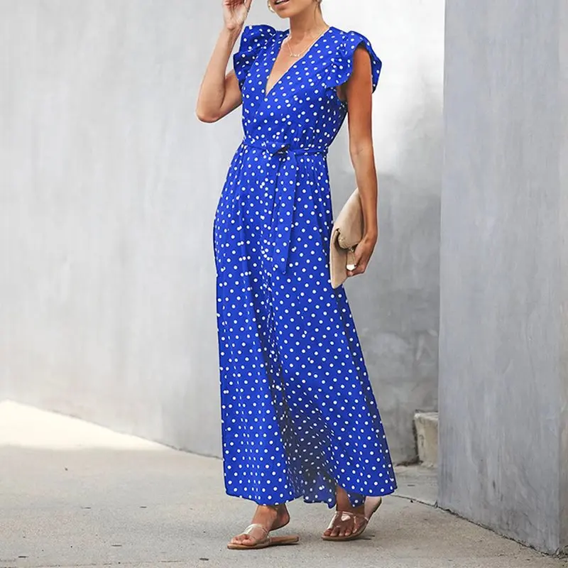 Длинное женское платье в горошек стиле ретро желтые пляжные Сексуальные