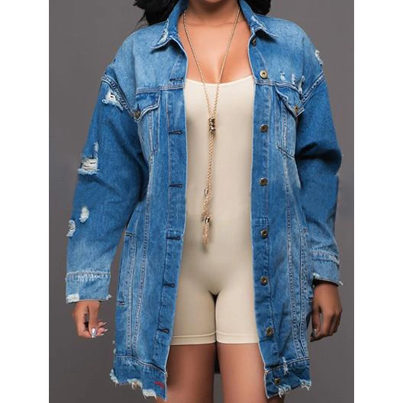 Women Denim Ripped Hole Jeans Buttons Down Long Sleeve Coat Jacket Tops Autumn | Женская одежда