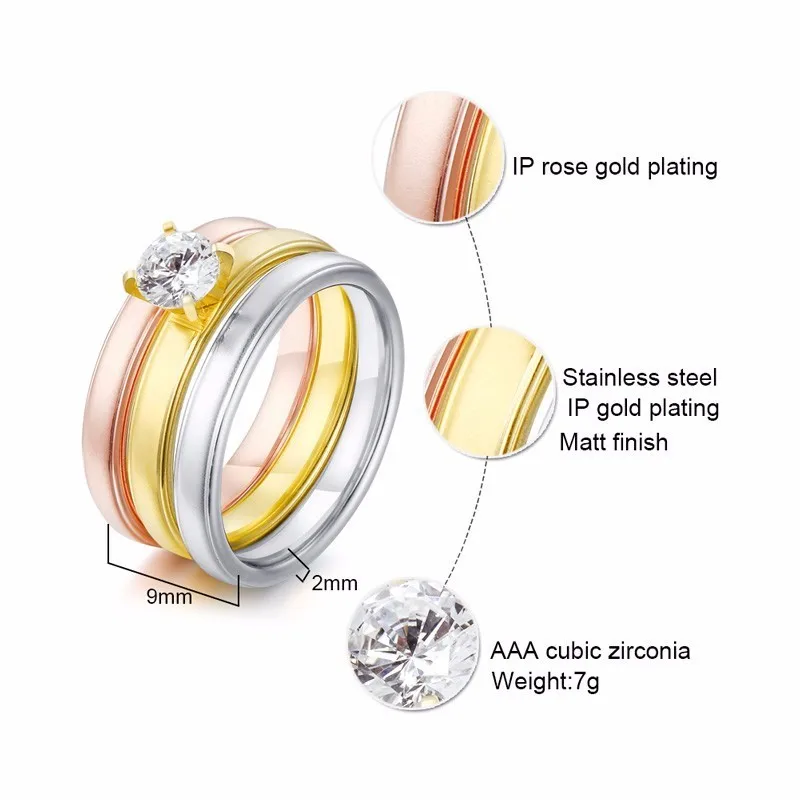 Women Tri-Tone Cubic Zirconia Stainless Steel Stackable Ring | Украшения и аксессуары