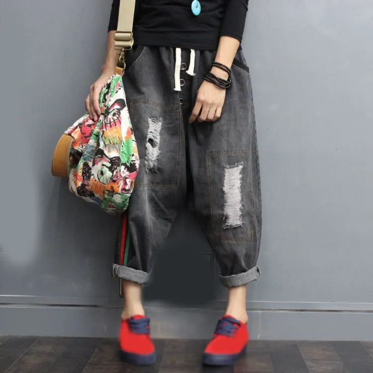 Женские боковые полосы крест брюки дамы Drawstring рваные джинсовые широкие ретро