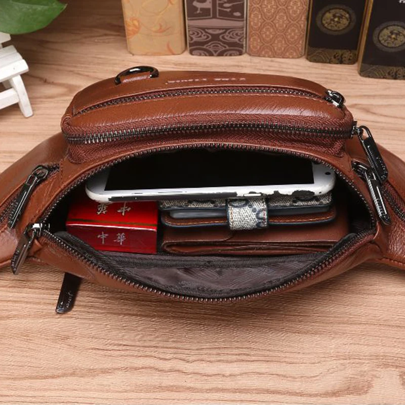 

High Quality Real Cowhide Hip Fanny Belt Pack Pouch Single Shoulder Cross Body Bags Men Genuine Leather Bum Waist Chest Bags