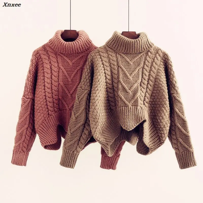 Thickened Sweater Women's Autumn Winter Korean Style Loose Twist Knitted Short Design Pullover Turtleneck Black Brown Female | Женская