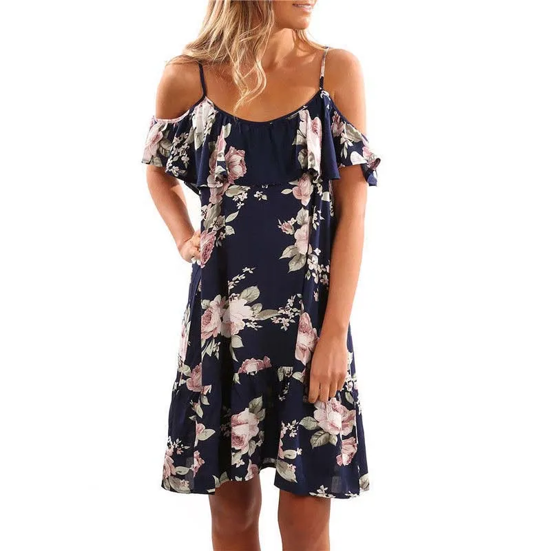 

3 Color 6 Size Sexy Club Print Floral Pleated Women Dress Ruffles Short Sleeve Female Braces Party Dress Loose Vestidos