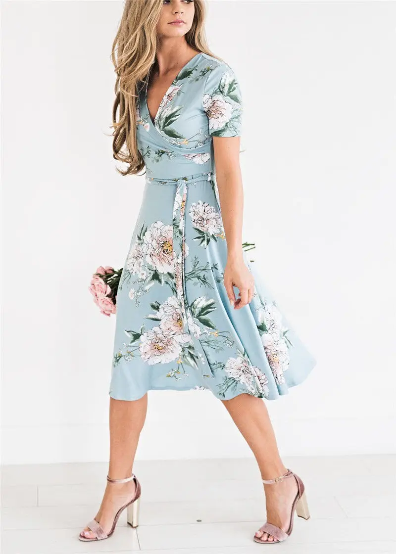 

3 Colors Newest Arrival Women Summer Bohemian Floral V-Neck Dress Ladies Loose Empire Fashion Casual Dress Sundress Outfits