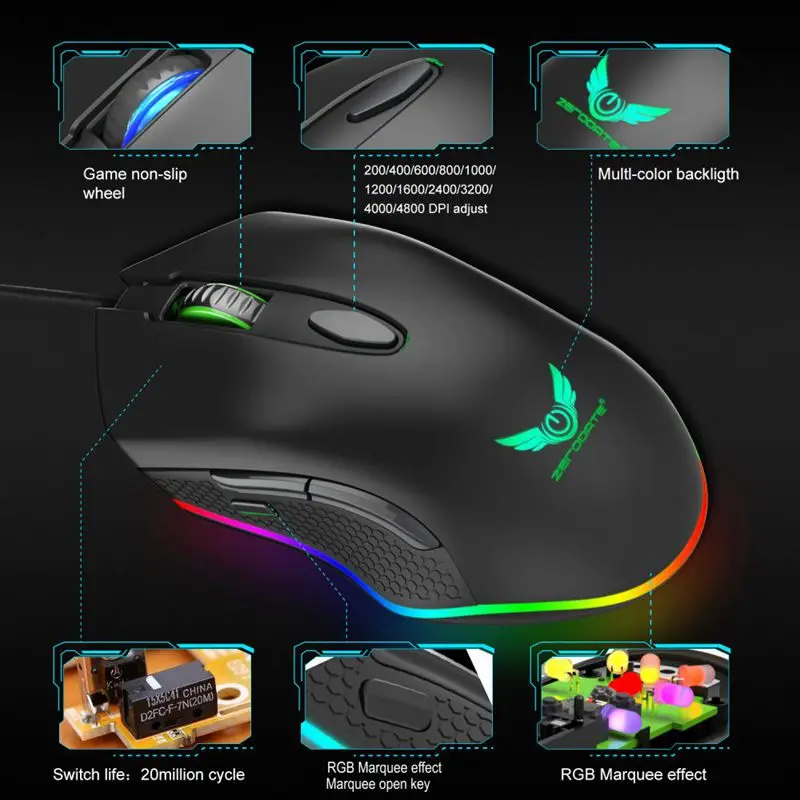 ZERODATE программируемая игровая мышь 4800 dpi 6 кнопок RGB с подсветкой USB оптическая для