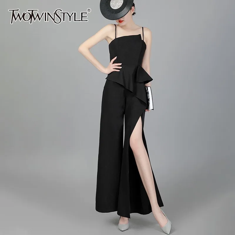 TWOTWINSTYLE Summer Sleeveless Slim Jumpsuit For Women High Waist Irregular Ruffles Split Chiffon Wide Leg Pants Female New 2020 | Женская