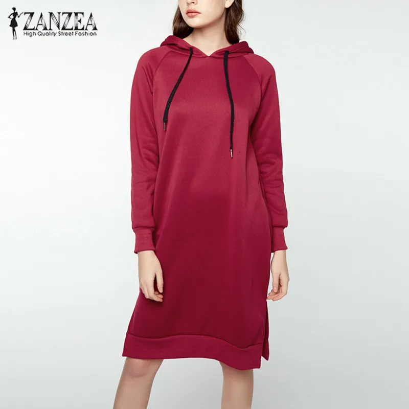 ZANZEA зимнее однотонное флисовое теплое платье Толстовка размера плюс Женская