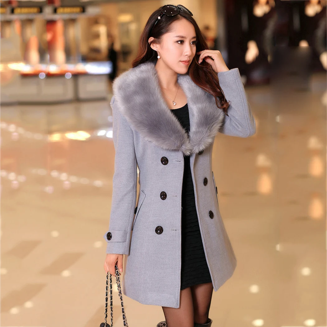 2018 Womens Winter Wool Long Coat Warm Jacket Parkas Faux Fur Collar Fleece Outwear Overcoat Plus Size Adjustable Waist | Женская одежда
