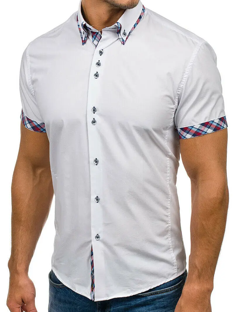 2019 New Style Fashion Hot Men's Slim Fit Short Sleeve Patchwork Casual Shirt Tops Button Muscle Tees | Мужская одежда