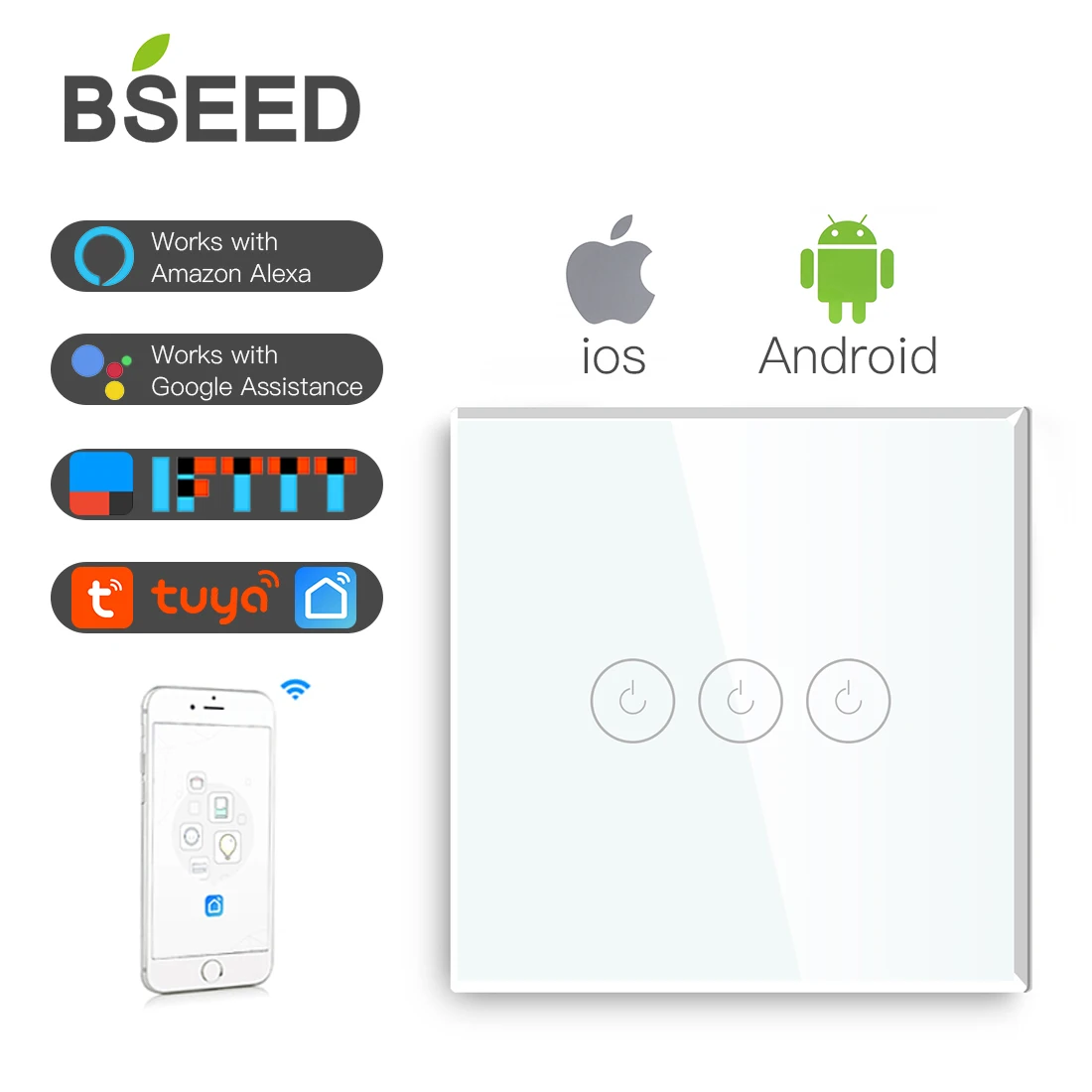 BSEED сенсорный переключатель Wifi 3 банды 1/2 способ Смарт стеклянный белый черный