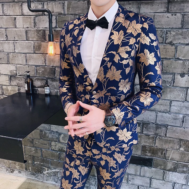 2018 Slim Fit смокинг Для мужчин s Синий Цветочный принт костюм Нарядные Костюмы для