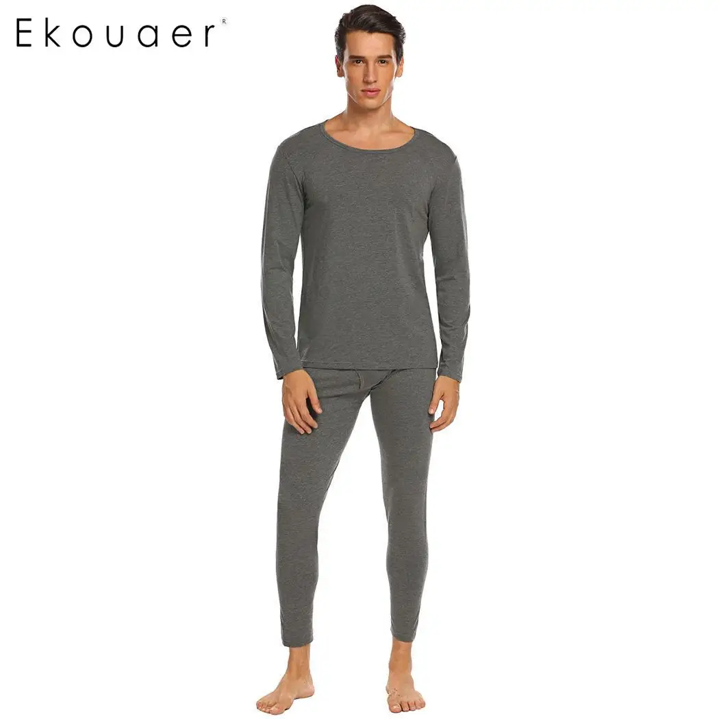 Ekouaer Men Thermal Underwear Sets Solid O-Neck Long Sleeve Tops with Elastic Waist Pants Sleep Pajamas Homewear Suits | Мужская одежда