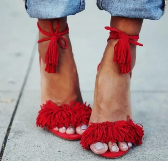 

Moraima Snc Red Fringe Sandals Tassels Strappy Heels Sexy Open Toe Lace up Woman Summer Shoes Suede Fringed Gladiator Sandals