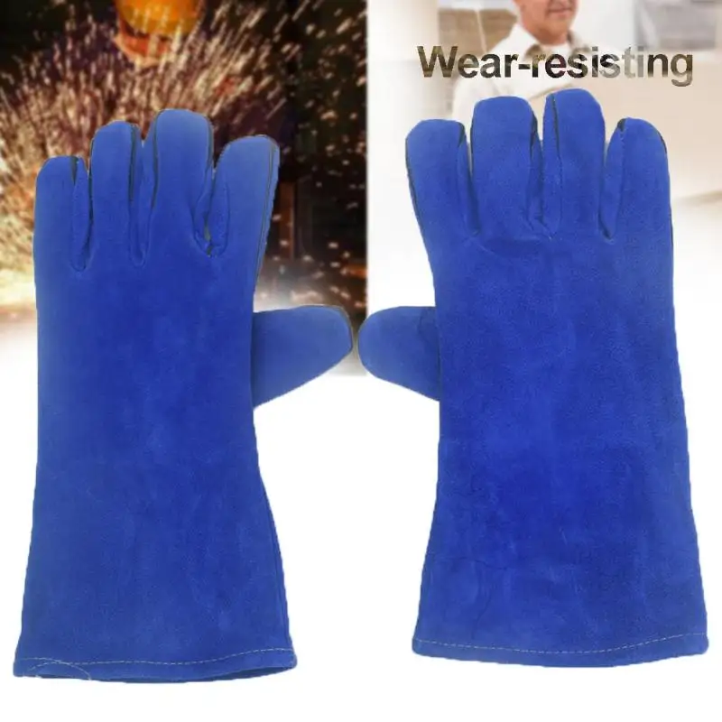 Синие кожаные перчатки сварочные из воловьей кожи высокотермостойкие защитные