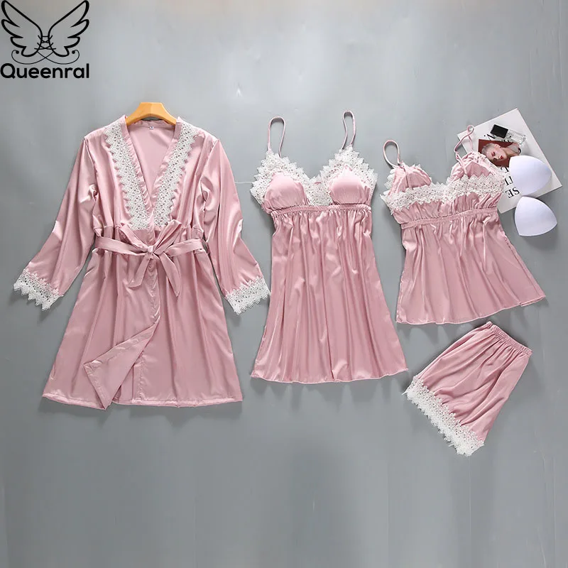Queenral 4 шт. пижамный комплект атласные пижамы женские с нагрудники Pijama длинным