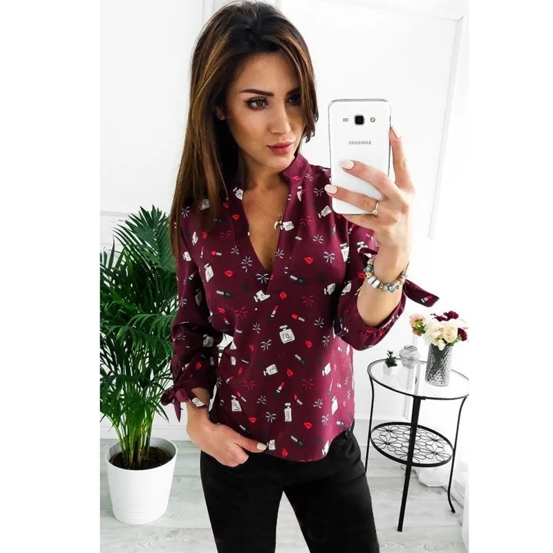

Women V Neck Printed Bouse Casual Slim Long Sleeve Bowknot Korean Style Ladies Office Shirts Blusa Bordada Ez*