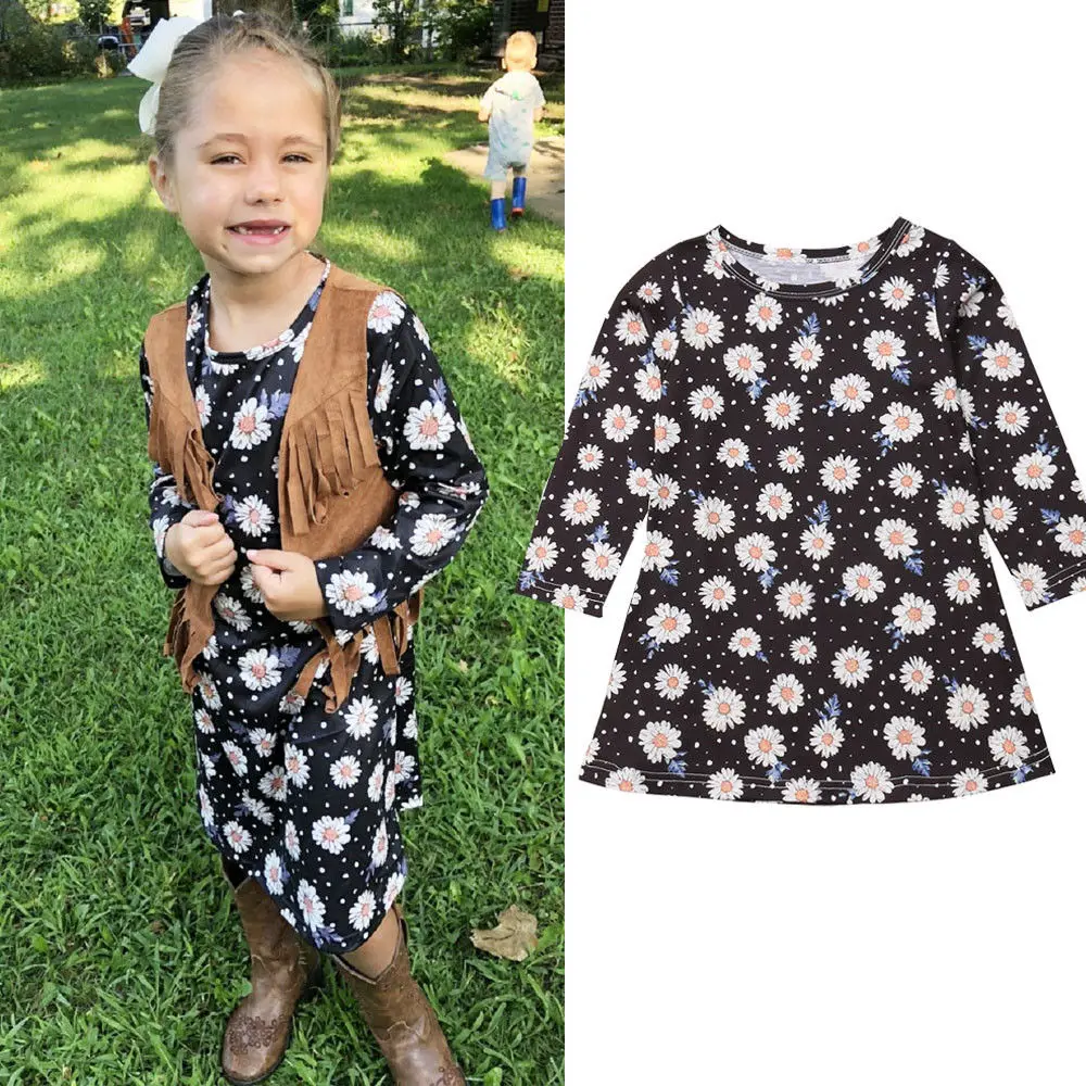 2018 Brand New 1-6Y Toddler Kids Baby Girls Daisy Dress Autumn Clothes Sunflowers Print Long Sleeve Knee-Length A-Line | Детская одежда