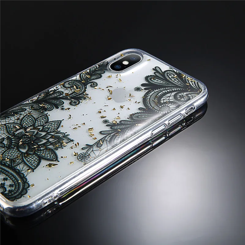 Lovebay New Spangle Luxury Flower Lace Soft Phone Case For Iphone X 6 6s 7 8 Plus XR XS MAX Glossy Covers Capa Coque TPU Pattern |