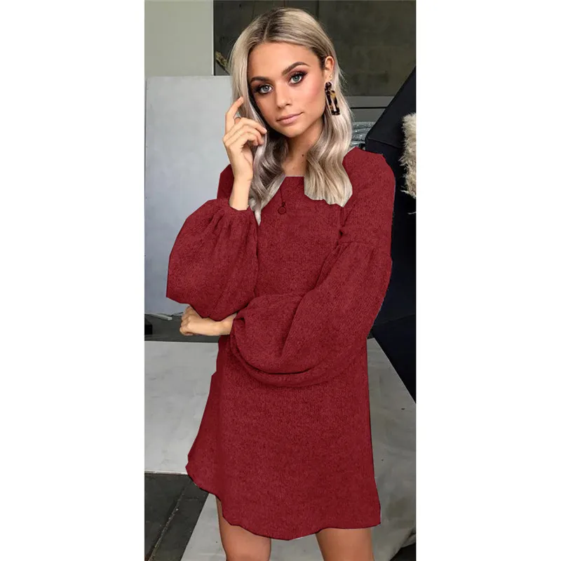 Fashion women autumn casual O neck long lantern sleeve solid dress ladies evening party short mini | Женская одежда